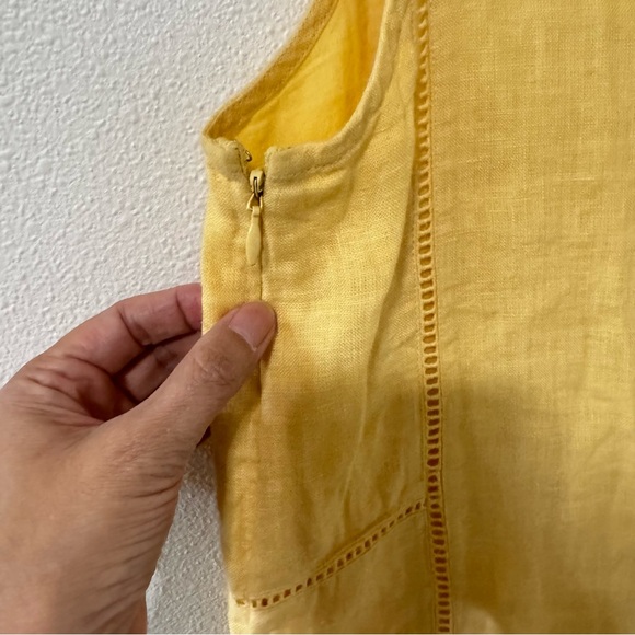 Faherty Ellis Linen Shift Dress Butter Yellow V Neck Lattice Lace Sleeveless-M - Picture 7 of 9